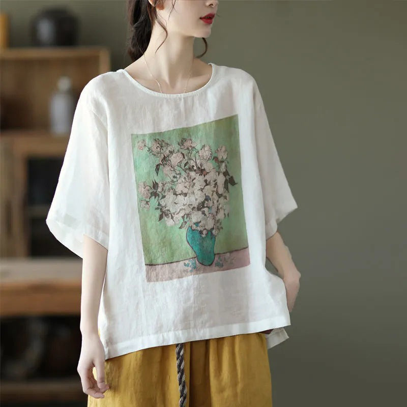 Vintage Printed Cotton Linen T-shirt